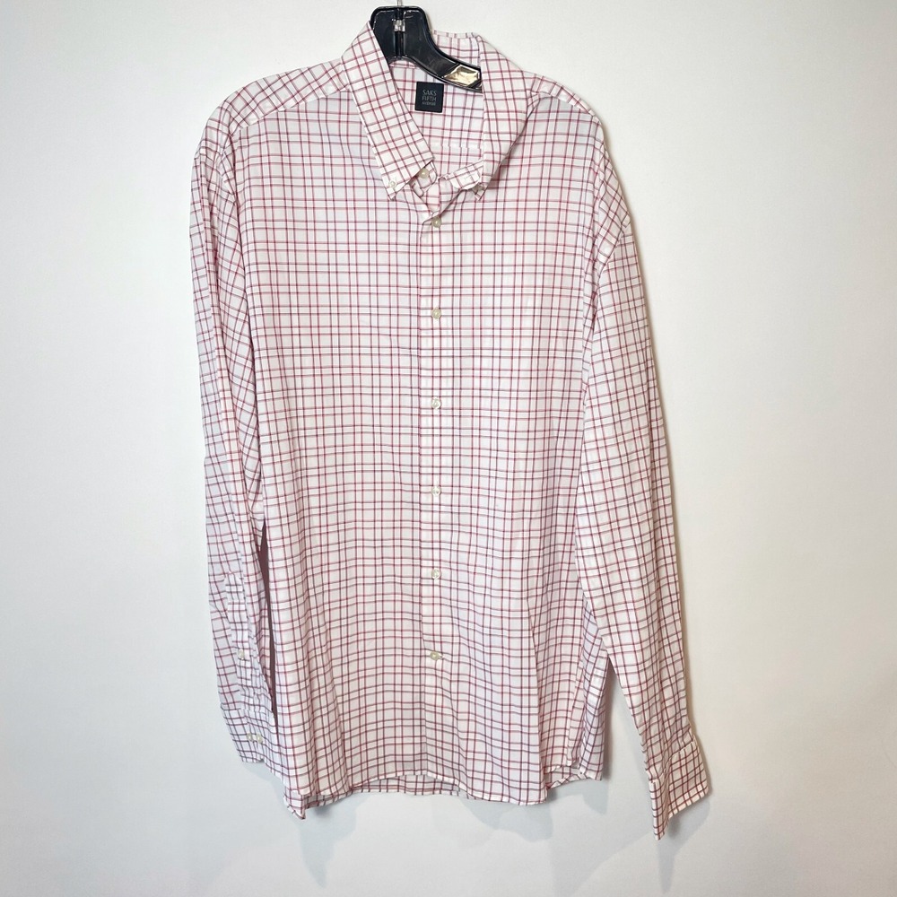 Saks Fifth Avenue Mens Plaid Button Down Dress Shirt White Red 2XL Long Sleeve